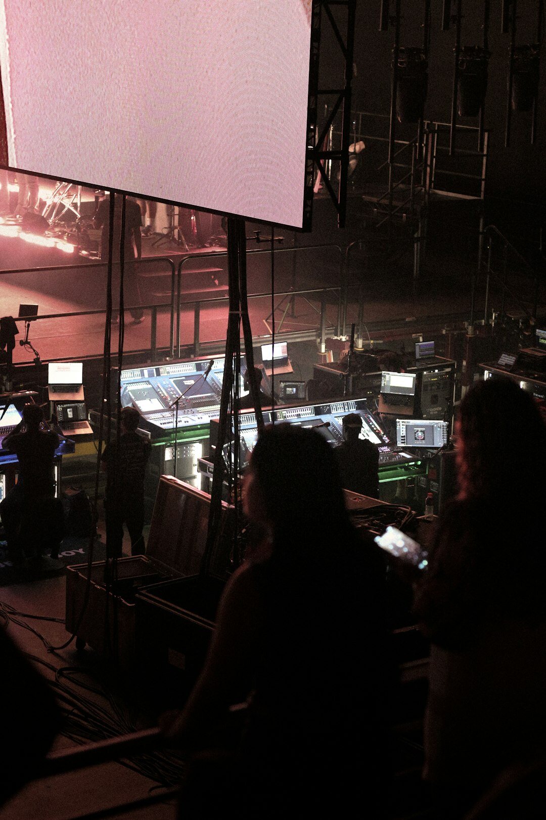 Broadcast control room with multiple monitors during a live show